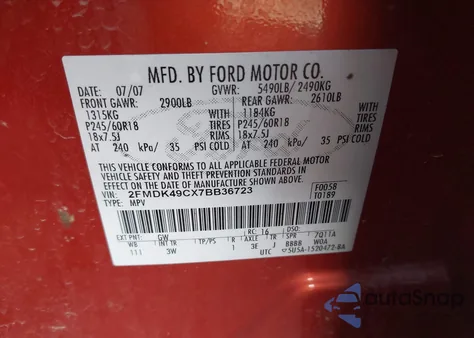 2007 Ford Edge Sel Plus from USA, damaged, VIN 2FMDK49CX7BB36723